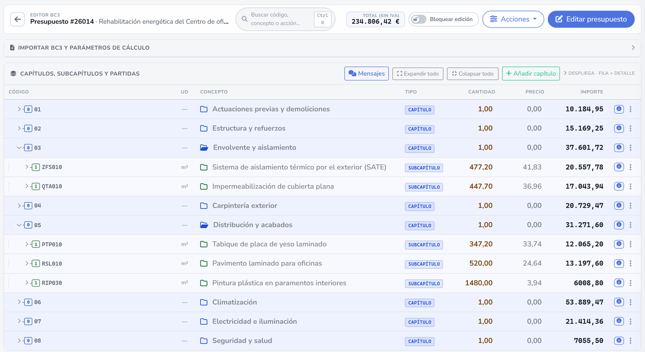 Editor de presupuestos BC3 de MRSTEK: árbol de capítulos y subcapítulos con la cantidad, el precio y el importe de cada línea, y el total del presupuesto en la cabecera